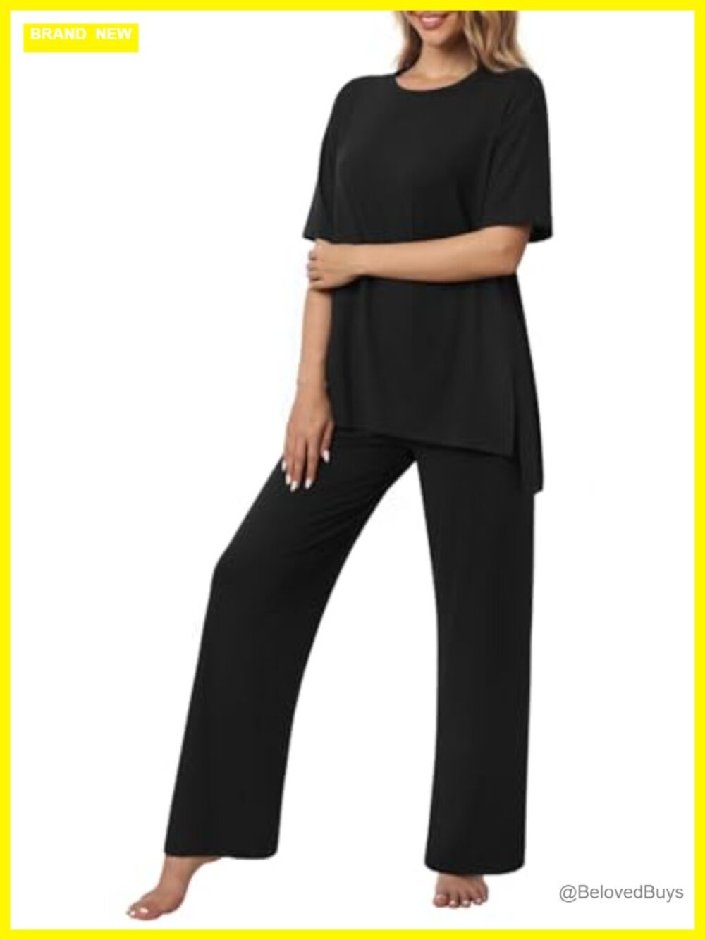 Women 2 Piece Lounge Pajama Set Crewneck Short Sleeve Long Pants Pockets